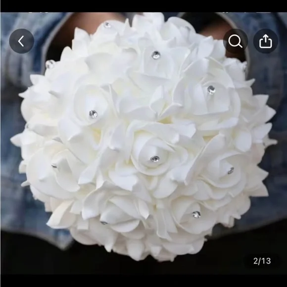 White Satin Bridal Bouquet with Crystal Accents - Picture 2 of 4